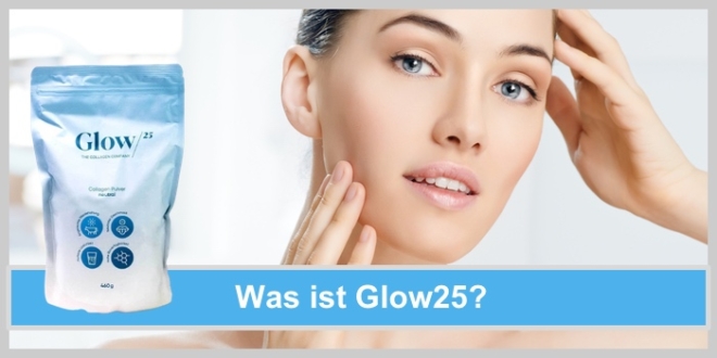 Was ist Glow25: Frau freut sich über ihr strahlendes Aussehen, keine Falten, Kollagen Pulver, glatte strahlende Haut