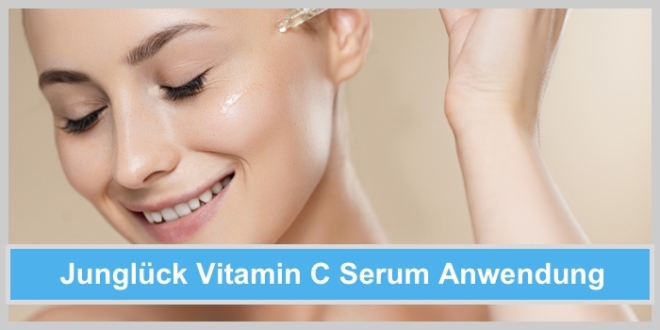 junglück vitamin c serum anwendung hübsche junge frau lächeln ampulle pipette auftragen