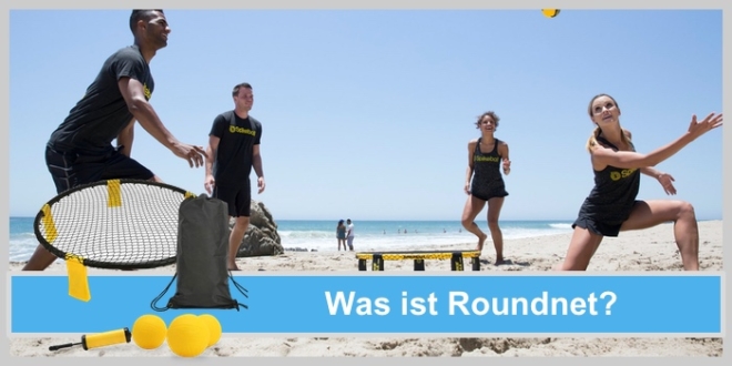 Was ist Roundnet? 4 junge Menschen spielen Roundnet / Spikeball / Mini Volleyball am Strand