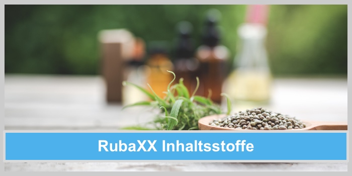 RubaXX Inhaltstoffe: Im Vordergrund liegt ein Löffel mit Samen und daneben einige Cannabisblätter, im Hintergrund stehen verschiedene Produkte.